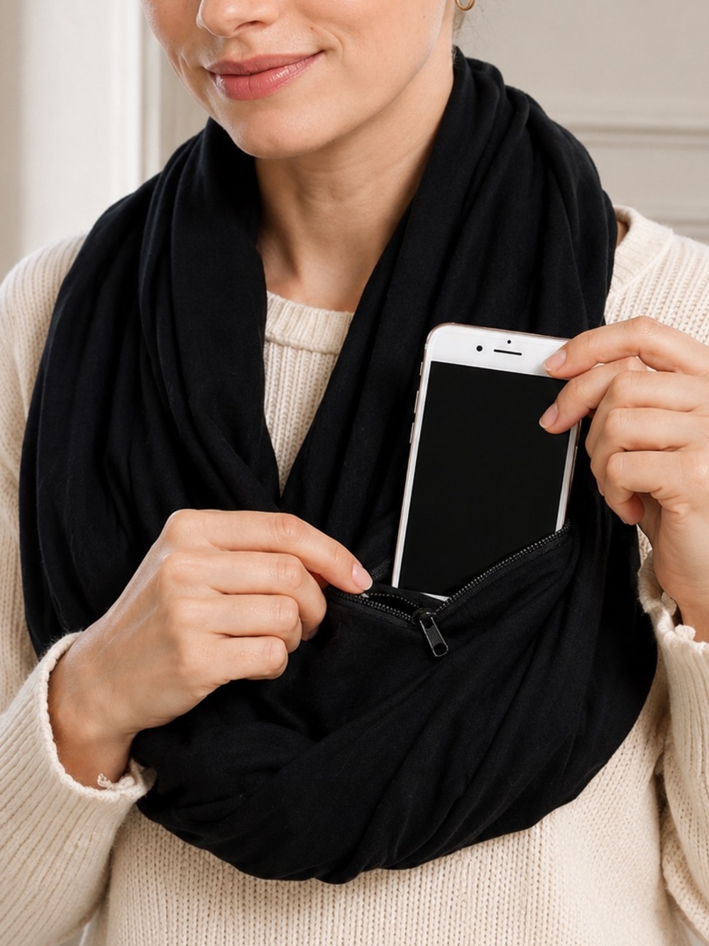 Beyond Yoga Black Travel Scarf Hidden Pocket Infinity Wrap